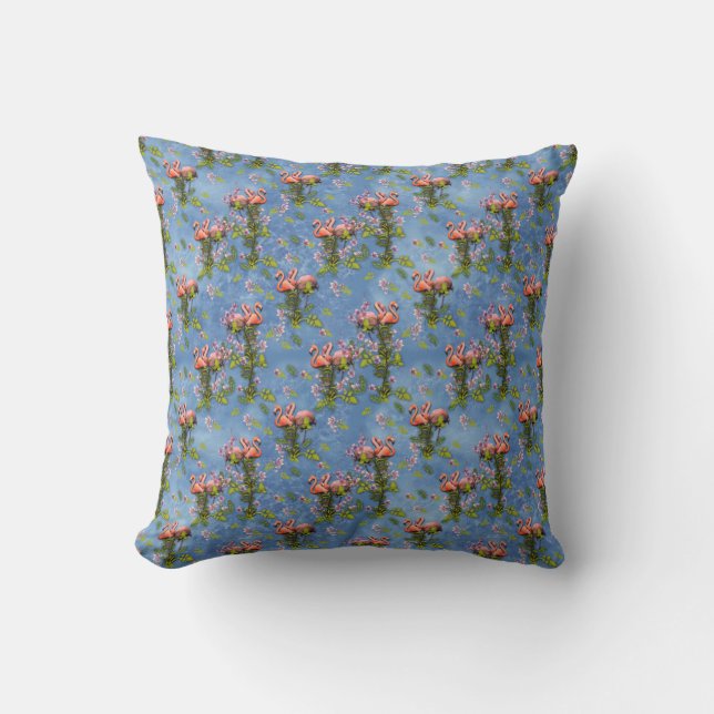Sky blue cloudy and Flamingo's Repeat Print Throw Pillow (Front)