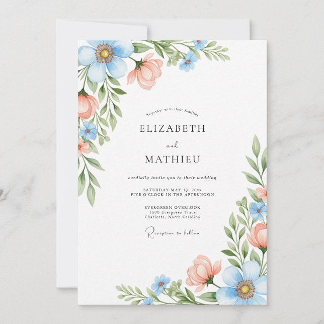 Sky Blue Coral Blossom Wedding Invitation (Front)