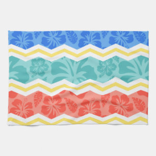 Sky Blue, Coral Pink, and Yellow Tropical Pattern Kitchen Towel