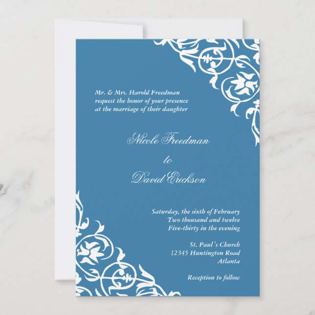 Sky blue corner scroll script elegant wedding invitation (Front)
