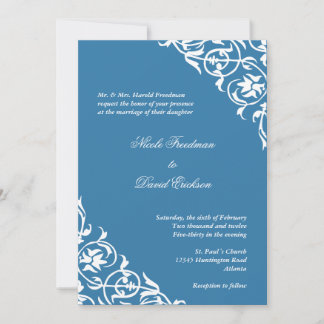 Sky blue corner scroll script elegant wedding invitation
