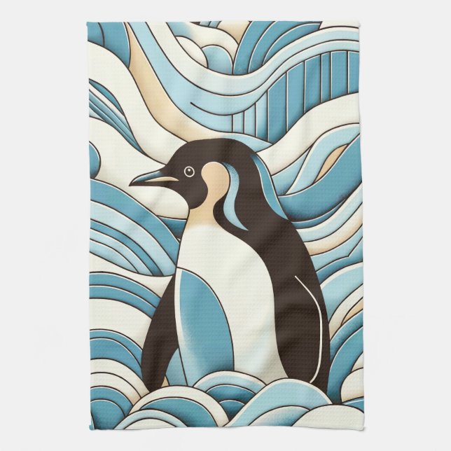 Sky Blue Cream Ocean Waves And Cute Penguin Kitchen Towel (Vertical)