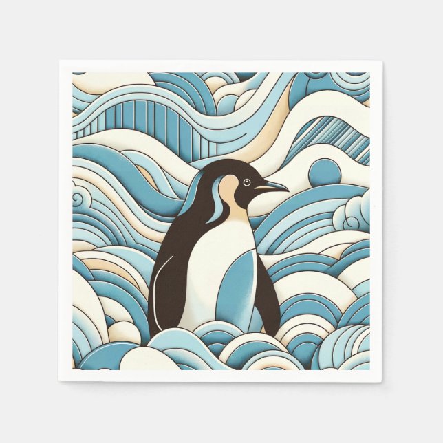 Sky Blue Cream Ocean Waves And Cute Penguin Napkin (Front)