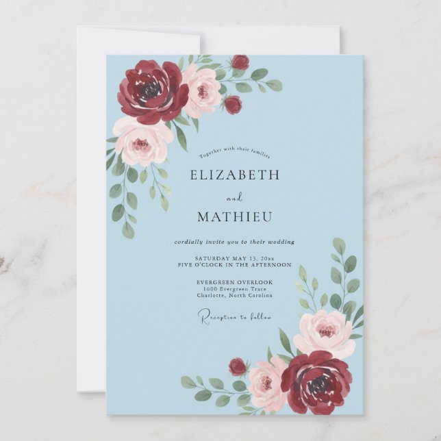 Sky Blue Crimson Petal Wedding Invitation (Front)