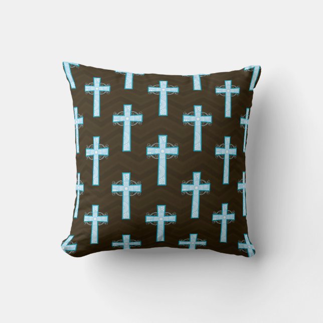 Sky Blue Cross on Brown Chevron Throw Pillow (Front)