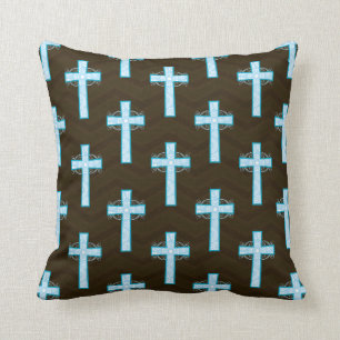 Sky Blue Cross on Brown Chevron Throw Pillow
