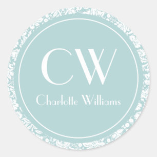 Sky Blue Damask Monogram Classic Round Sticker