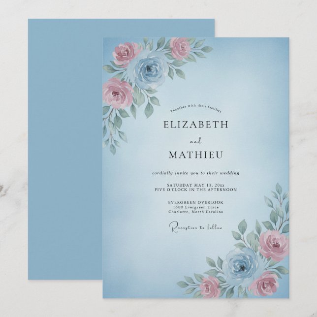 Sky Blue Delicate Romantic Wedding Invitation (Front/Back)