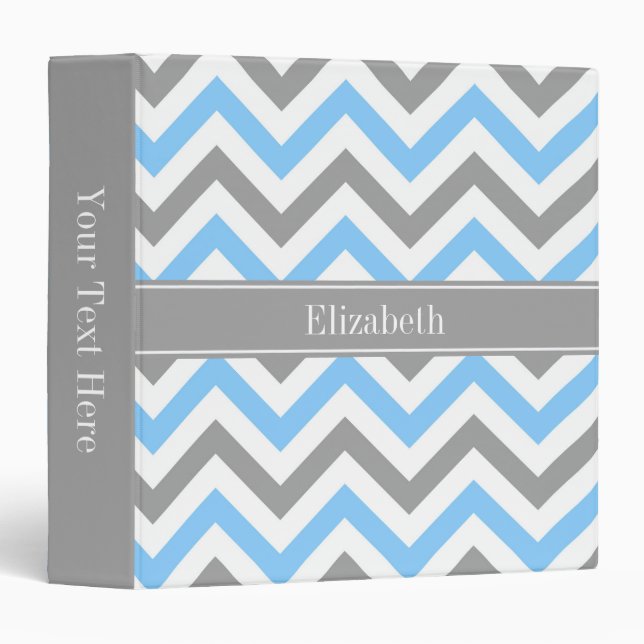 Sky Blue Dk Grey Wht LG Chevron Grey Name Monogram Binder (Front/Spine)