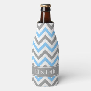 Sky Blue Dk Grey Wht LG Chevron Grey Name Monogram Bottle Cooler