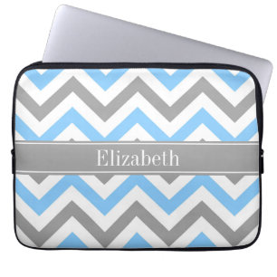 Sky Blue Dk Grey Wht LG Chevron Grey Name Monogram Laptop Sleeve