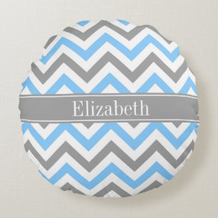 Sky Blue Dk Grey Wht LG Chevron Grey Name Monogram Round Pillow