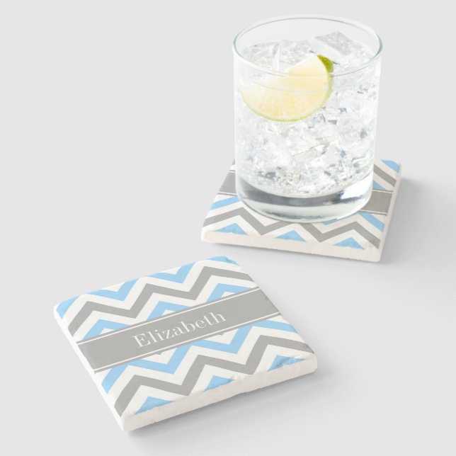 Sky Blue Dk Grey Wht LG Chevron Grey Name Monogram Stone Coaster (Side)