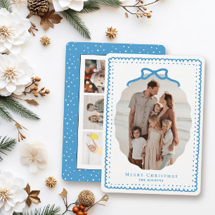Sky Blue Doodle Frames & Bow 4 Photo Christmas Holiday Card