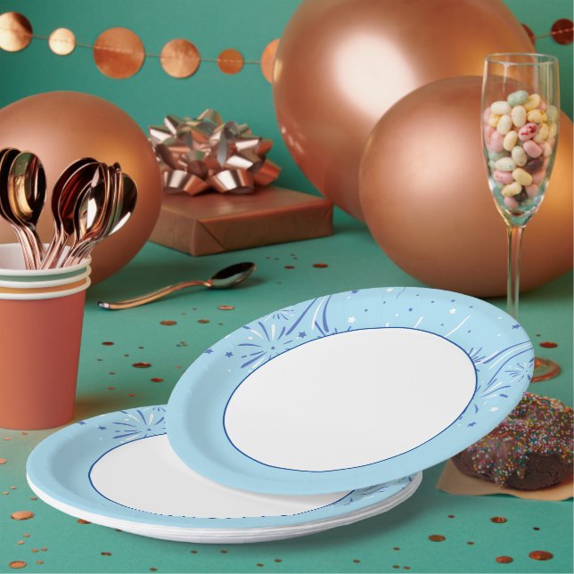 Sky Blue Edge with Minimalist Fireworks Design Paper Plate (Multi)