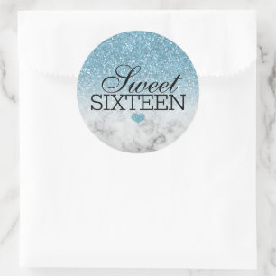 Sky Blue Faux Glitter/Marble Sweet 16 Classic Round Sticker