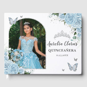 Sky Blue Floral Butterflies Quinceañera Photo Guest Book