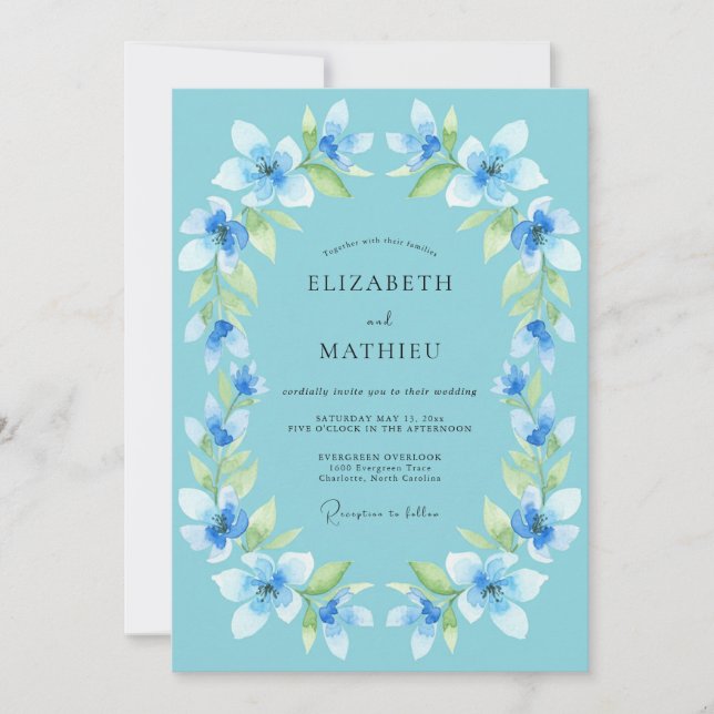 Sky Blue Floral Laurel Wedding Invitation (Front)