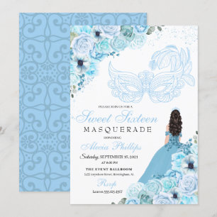 Sky Blue Floral Masquerade Sweet 16 Invitation