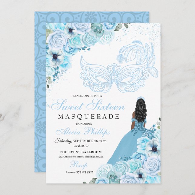 Sky Blue Floral Masquerade Sweet 16 Invitation (Devant / Derrière)