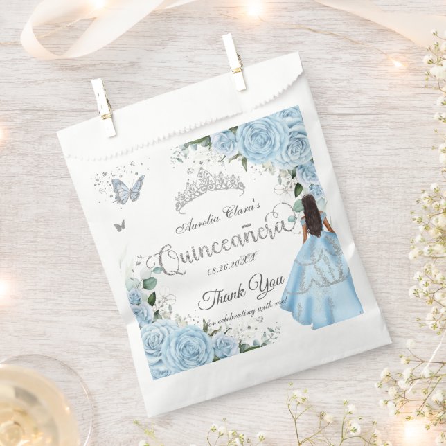 Sky Blue Floral Princess Dress Silver Quinceañera Favour Bag (Clipped)