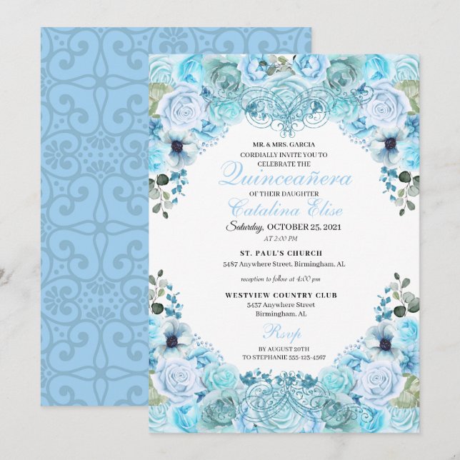 Sky Blue Floral Quinceanera Birthday Invitation (Front/Back)