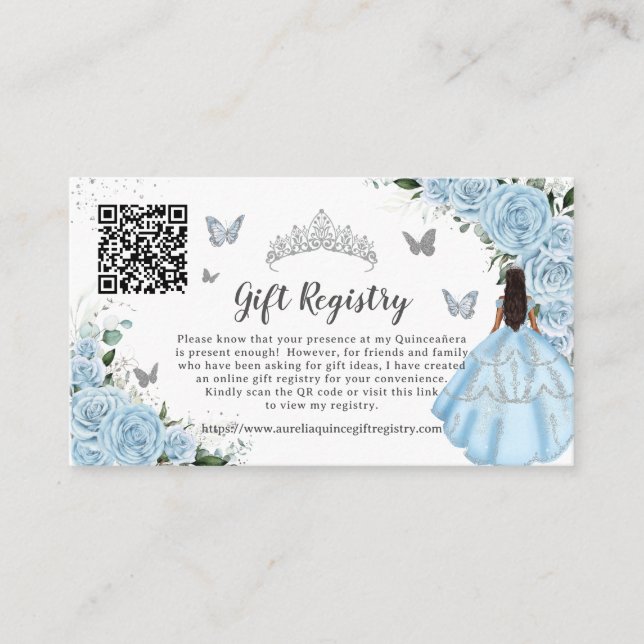 Sky Blue Floral Silver Quinceañera Gift Registry Enclosure Card (Front)