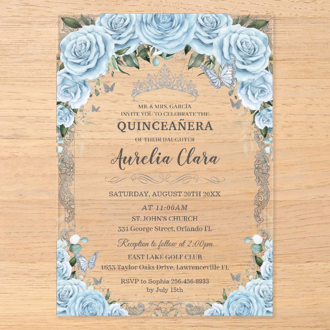 Sky Blue Floral Silver Sweet Sixteen QUINCEAÑERA Acrylic Invitations (Front)