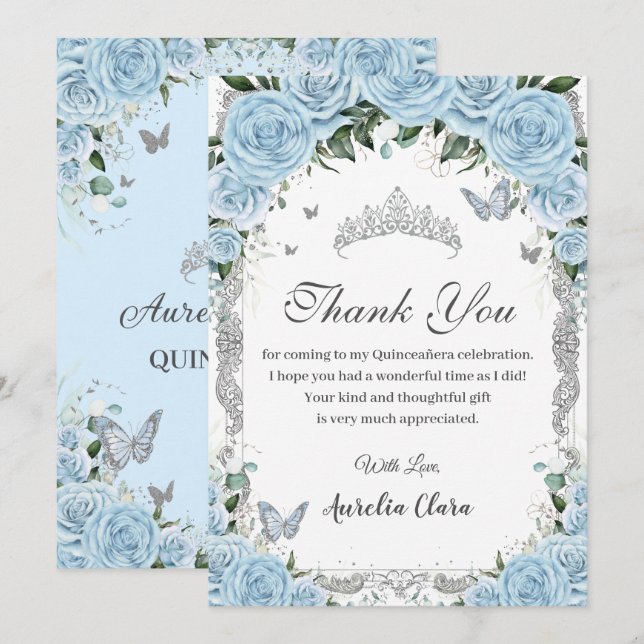 Sky Blue Floral Sweet 16 Quinceañera Carte de reme (Devant / Derrière)