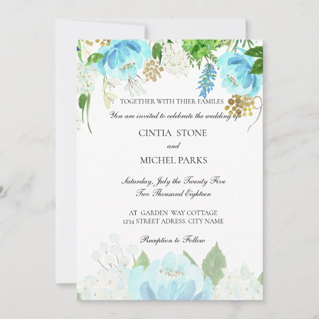 Sky blue floral  watercolor wedding invitation (Front)