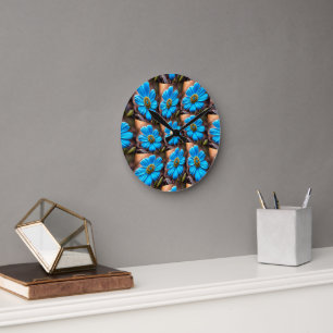 Sky Blue Flowers Pattern Round Clock