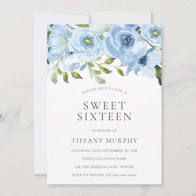 Sky Blue Flowers Sweet 16 Birthday Party Invitation (Front)