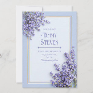 Sky Blue French Lavender Gold Frame Wedding Invitation
