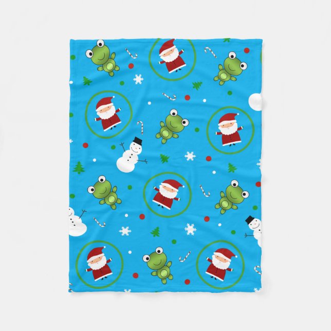 Sky blue frogs santa claus snowman pattern fleece blanket (Front)