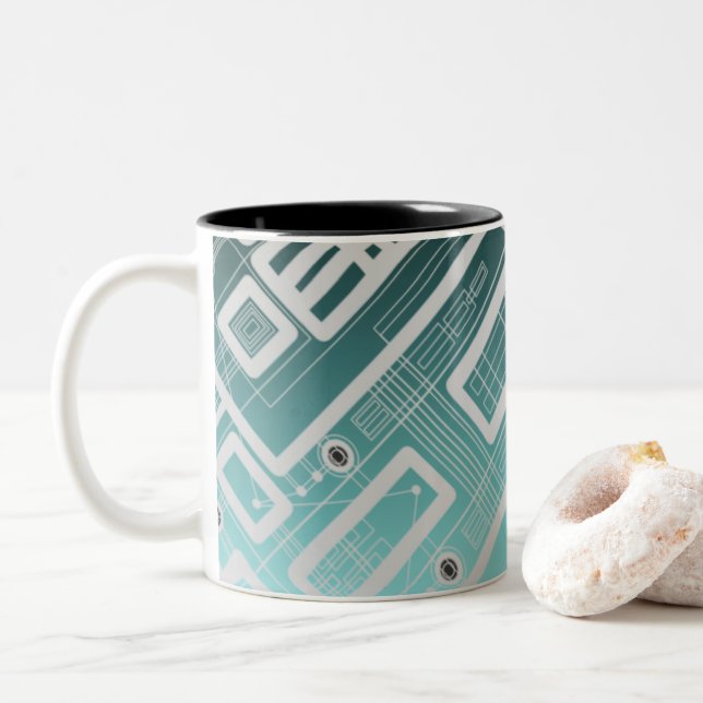 Sky Blue Geometric Circuit Board Two-Tone Coffee Mug (With Donut)