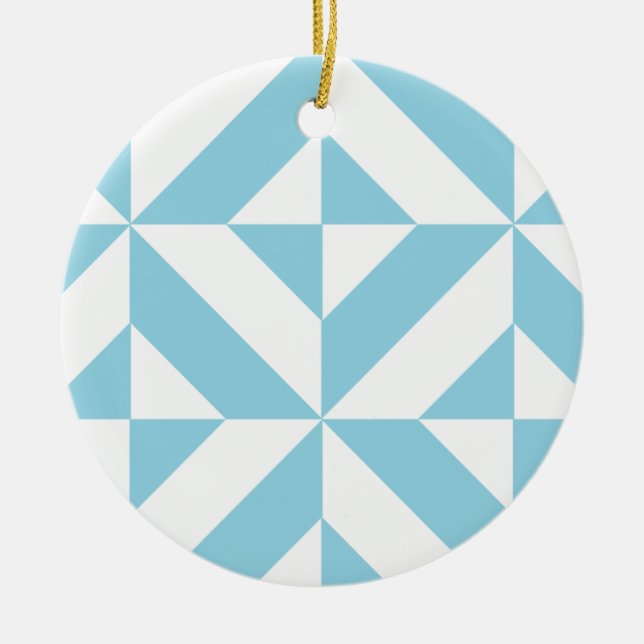 Sky Blue Geometric Deco Cube Pattern Ceramic Ornament (Front)