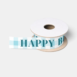 Sky Blue Gingham Plaid Navy Text Happy Birthday Satin Ribbon