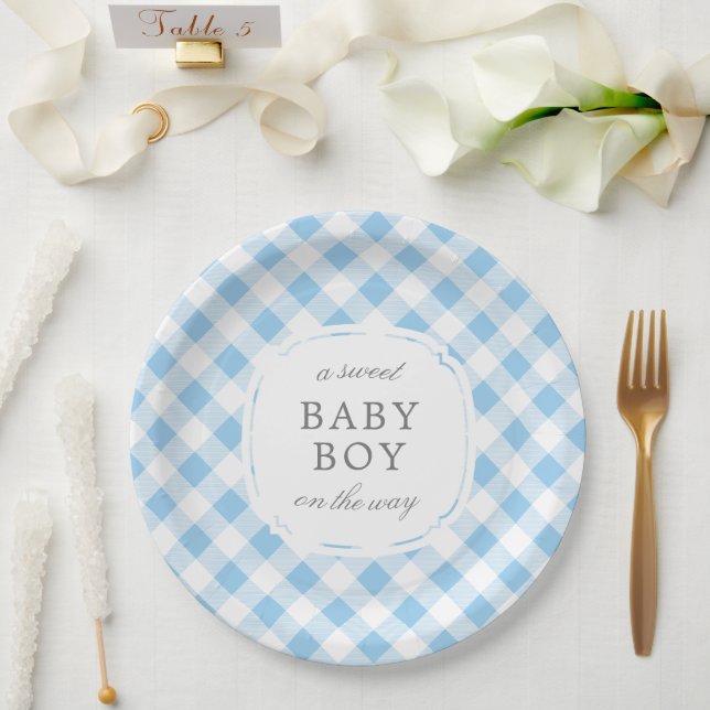 Sky Blue Gingham Plaid Sweet Baby Boy Paper Plate (Wedding)