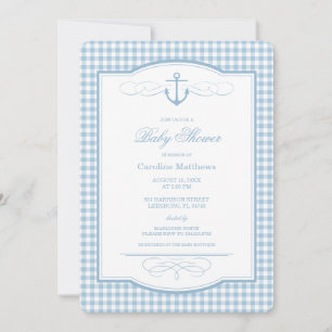 Sky Blue Gingham Preppy Coastal Baby Shower Invitation