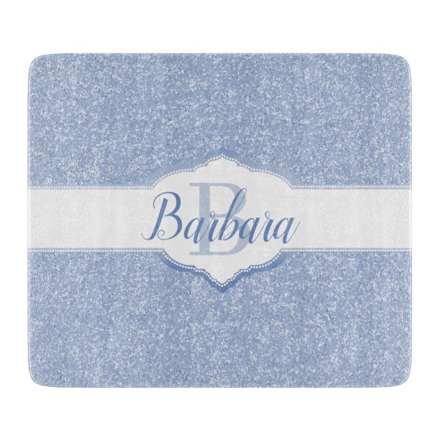 Sky Blue Glitter Monogram Cutting Board (Front)