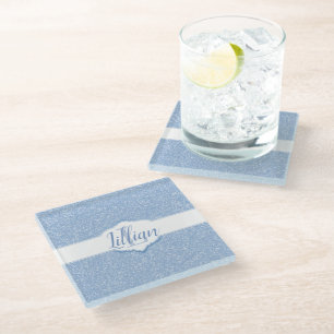 Sky Blue Glitter Monogram Glass Coaster