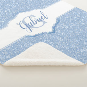 Sky Blue Glitter Monogram Sherpa Blanket