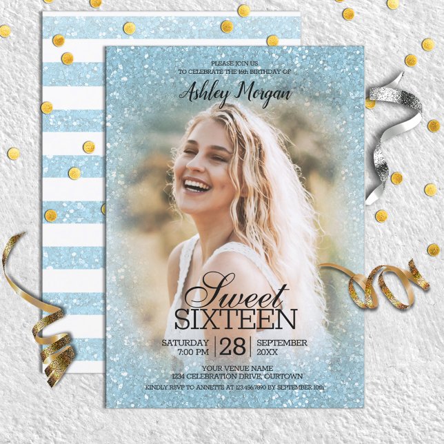 Sky Blue Glitter Photo Template Sweet 16 Party (Creator Uploaded)