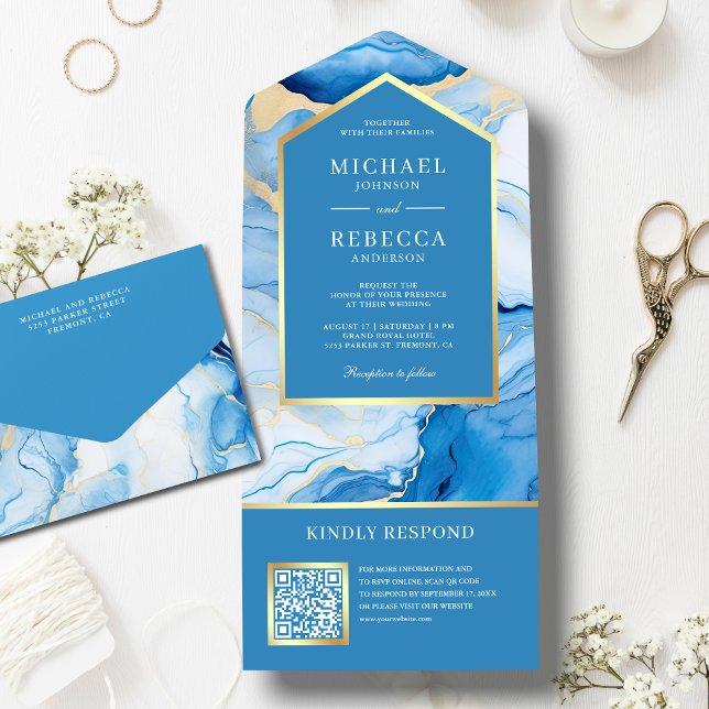 Sky Blue Gold Abstract Fluid Ink QR Code Wedding All In One Invitation (Creator Uploaded)