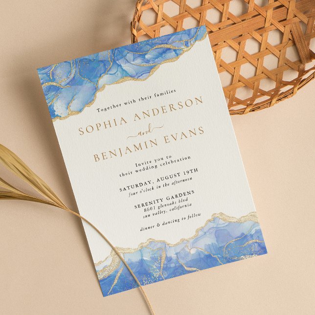 Sky Blue Gold Agate Modern Wedding Invitation (Creator Uploaded)