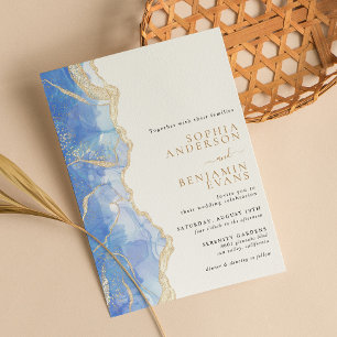 Sky Blue Gold Agate Modern Wedding Invitation