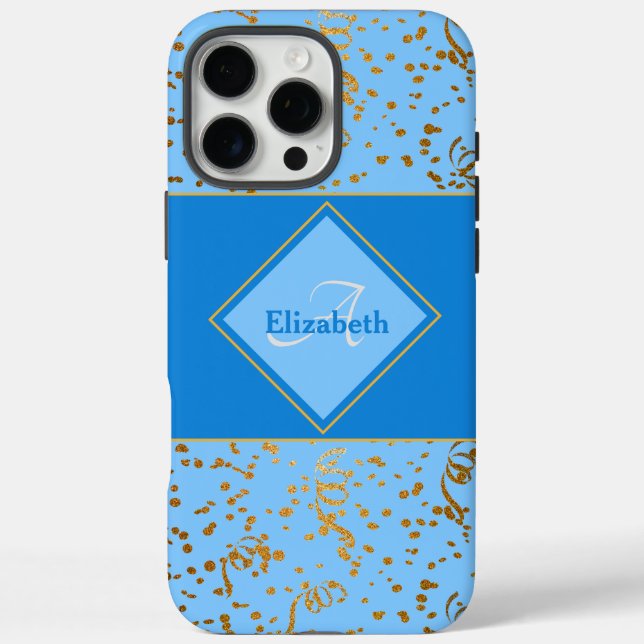 Sky Blue Gold Confetti Monogram Custom Name Case-Mate iPhone Case (Back)