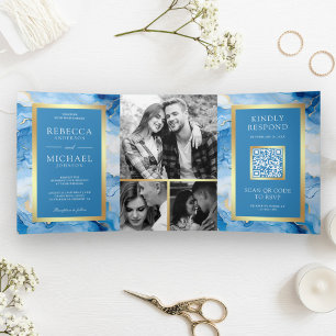 Sky Blue Gold Fluid Ink QR Code Wedding Tri-Fold Invitation