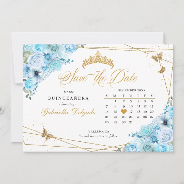 Sky Blue & Gold Quinceañera Save The Date Invitation (Front)