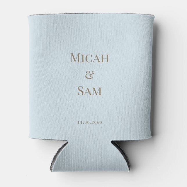 Sky Blue Gold Text Names & Date Wedding Can Cooler (Front)